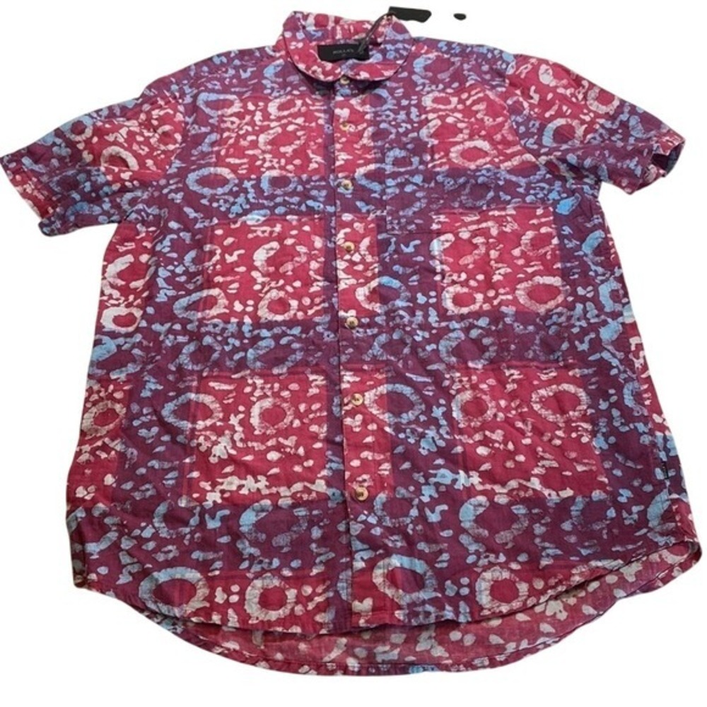 Rolla's Mens Short Sleeve Batik Print Button Down Shirt Burgundy Blue Medium NWT